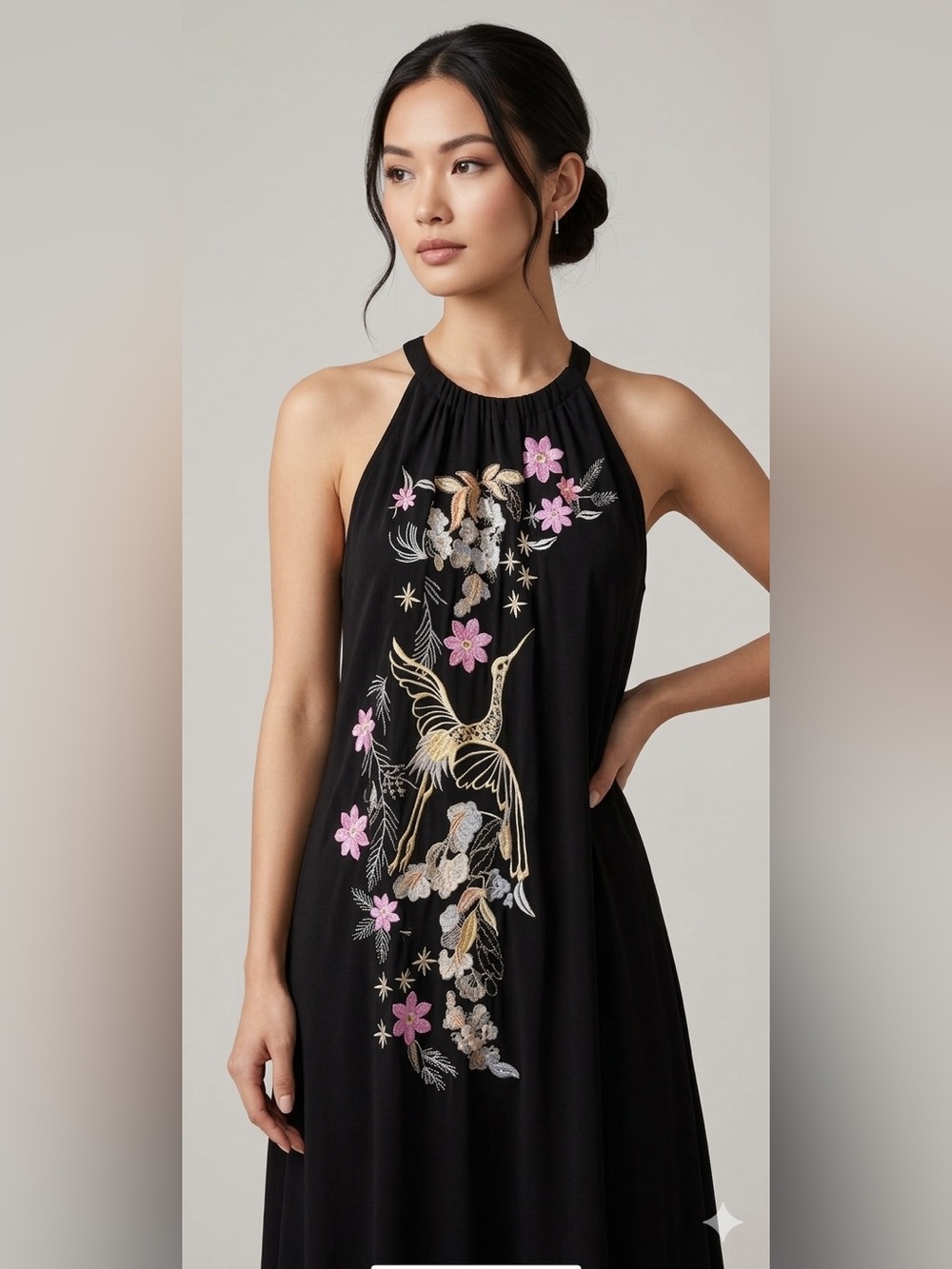 INC International Concepts Womens XL Black Embroidered Crane Floral Halter Top